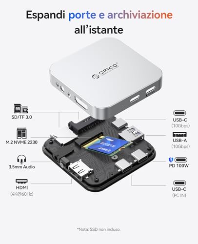 Docking Station Magnetica USB C, Involucro per SSD M.2 NVMe, Docking Station 8 in 1 con HDMI 4K@60Hz, PD 100W, USB-A 10 Gbps, SD/TF, Audio. Hub USB C Dockingstation per iPhone/Dell Lenovo MG7 - Hub USB - Immagine 1