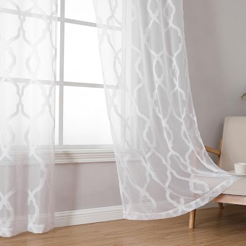 Image of OWENIE Faud Sheer Curtains 54 Inch Length 2 Panels Set for Living Room, White Textured Short Curtains with Geometric Jacquard Clip Design, Farmhouse Chic Girls Nursery Window Drapes, W42 x L54