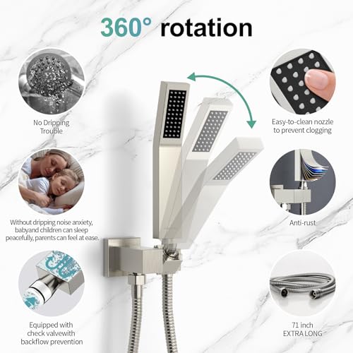 Image of SR SUN RISE Shower Faucet Set Bathroom Square Rain Head with Handheld Spray Wall Mounted Rainfall Fixtures Brushed Nickel Trim Repair Kits (Contain Valve)10 Inches