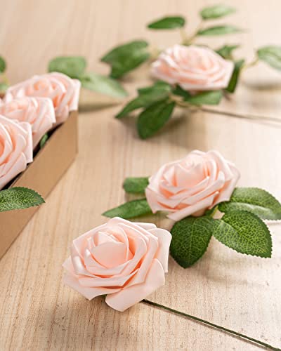 DuHouse 25Pcs Artificial Roses Flowers Fake Rose with Stems Real Touch Foam Flower Head for DIY Wedding Bridal Bouquet Baby Shower Centerpiece Floral Arrangement Party Home Decor(Blush) - Image 2