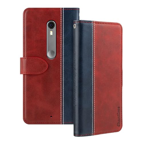 Shantime Leather Flip Case Compatible with Moto X Pure Case with Card Holder RFID Blocking Magnetic Kickstand Slim Fit Business Protective Cover(Red)