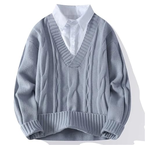 Men's V-Neck Fake Two-Piece Knit Pullover Sweater Fall Winter Fashion Casual Jumper4