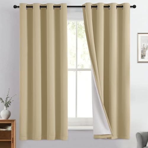 Image of Yakamok Beige 100% Blackout Curtains 63 Inches Long for Bedroom 50 inch Wide | Blackout Curtain Panels for Bedroom, 2 Thick Layers Grommet Top Thermal Insulated Drapes with White Back for Living Room