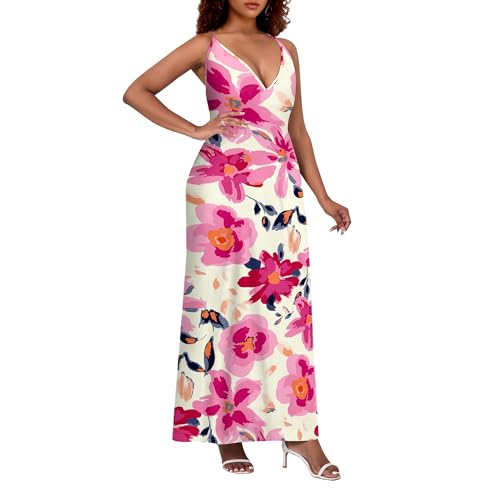 Image of Women Floral Sundress Summer Casual Spaghetti Strap V Neck Long Maxi Dress Sexy Boho Beach Dresses with Pockets Floral-3 XXL