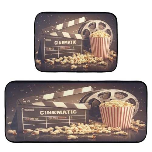 Flradish 2-Piece Theater Popcorn Anti-Fatigue Kitchen Rug Set, Waterproof Non-Slip Kitchen Cushioned Comfort Standing Mat for Kitchen, Floor Home, Office, Laundry