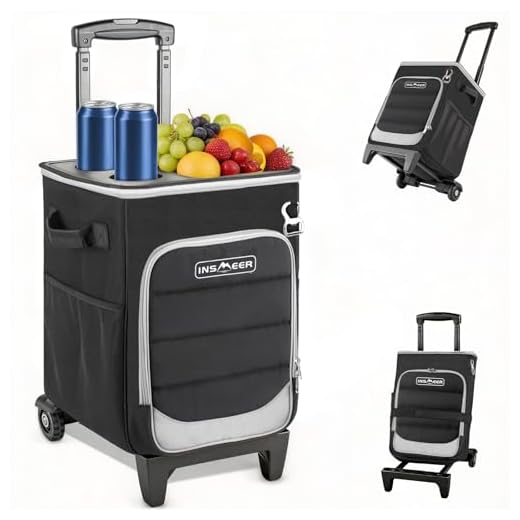 INSMEER 2-in-1 Rolling Cooler with Wheels, 60 Cans Collapsible Soft Sided Cooler on Wheels, Hard Top with 2 Cup Holders, Insulated 100% Leakproof Wheeled Cooler Bag for Beach Camping Outdoor