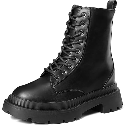 HOMETRUE Womens Combat Boots Lace-up Ankle Boots for Women Leather Heeled Boot Fashion