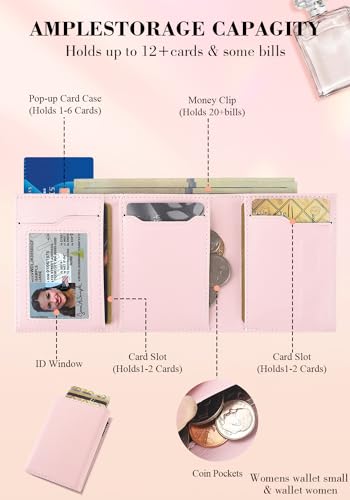 Pop Up Wallet Women - Slim Wallet with ID Window,RFID Blocking,Money Clip Minimalist Leather Slots Credit Card Holder Trifold Business Card Case and Coin Purse(Pink Wallet for women Gift2