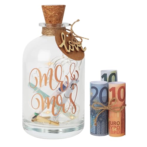 Garrafa de luz LED para casamentos, garrafa com luz LED de presente para noivas e recém-casados, mealheiro de cristal com guirlanda, ideal para presente comemorativo (Mr & Srs.)