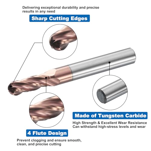 Image of HARFINGTON Ball Nose End Mill 4 Flute 17 /64 inch Diameter 5 /16 inch Shank Tungsten Carbide Uncoated Spiral CNC Router Bits 3 /4 inch Cutting Length Single End Ball for Carving Engraving Grinding