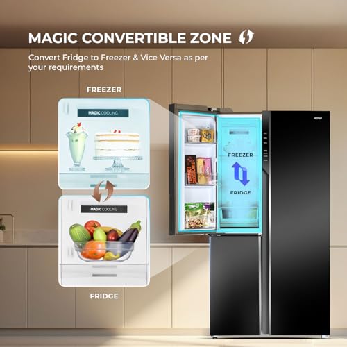 Image of Haier 598 L 3 Star Frost Free Expert Inverter Smart Sense AI enabled 3-Door Side by Side Refrigerator (HRT-683KGU1, Black Glass, Magic Convertible Zone, Deo Fresh Technology, 2026 Model)