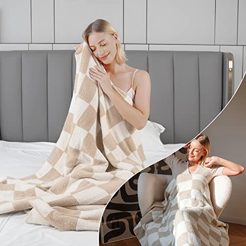Qqp Checkered Throw Blanket,Soft Cozy Microfiber Reversible Checkerboard Fluffy Blanket For Home Bed Couch., 50X60In（Camel&White） #TOP5