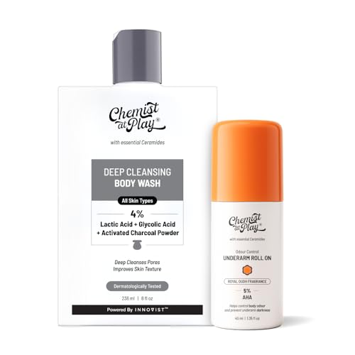 Image of Chemist At Play Deep Cleansing Body Wash & Royal Oudh Fragrance UnderArm Roll-On Combo | Activated Charcoal & Glycolic Acid Exfoliation | 5% AHA & Lactic Acid Brightening | Alcohol-Free | 236ml & 40ml