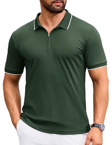 Cotrasen Mens Zipper Polo Shirts Casual Short Sleeve Ribbed Knit T Shirts Smmer Slim Fit Golf Polo Shirts