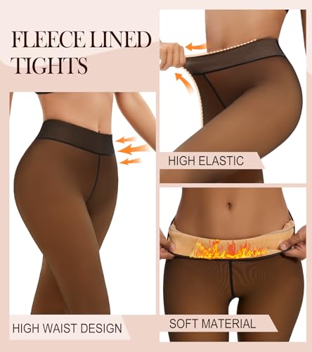 Image of Fleece Lined Tights Women,Tummy Control Fake Translucent Warm Pantyhose High Waist Leggings for Winter