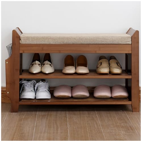 Banc de rangement chaussures avec assise confortable marron rustique pour meuble d'entrée