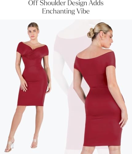 Image of Popilush Women's Shapewear Midi Dress Off Shoulder Wrap V Neck Formal Wedding Guest Cocktail Dresses Bodycon Evening Gowns