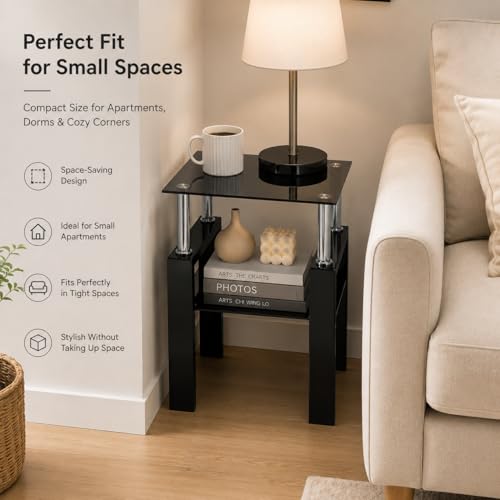 Image of Meihua Tempered Glass End Table, Black Modern Square Side Table with Metal Frame, 2-Tier Glass Accent Table for Living Room, Bedroom, Apartment & Small Spaces