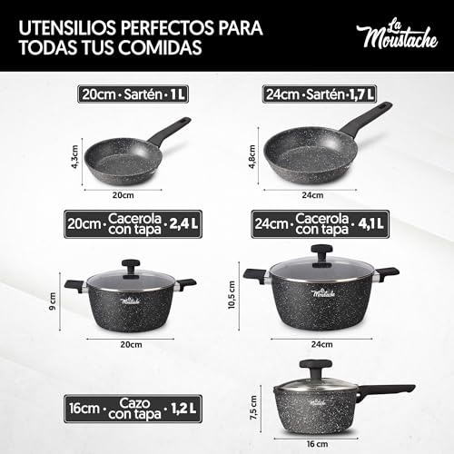 La Moustache - Juego de Ollas y Sartenes【8 Piezas】Aluminio con Antiadherente sin PFOA y PFOS | Batería Apta para Todas las Cocinas, Incluso Inducción, Mangos de Baquelita Termoprotectora (Onix) - imagen 6