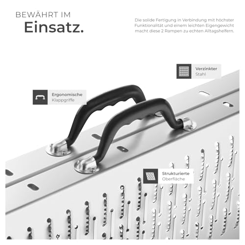tectake® 2X Faltbare Auffahrrampen, Stahl Rampe, bis 400 kg belastbar, rutschfest, perforiert, Laderampe für Auto oder Anhänger, Auffahrrampe für Motorrad, Rasentraktor, Rollstuhl, Fahrrad (186 cm)