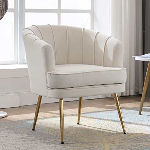 Civama Barrel Chairs Velvet Accent Armchair, Comfy Soft Padded Upholstered Club Vanity Leisure Sitting Chair With Golden Legs Modern Side Chairs For Living Reading Room Bedroom Home Office, White #TOP28