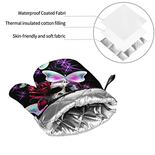 Skull Flowers Mushroom Butterflies Oven Mitts Heat Resistant Kitchen Oven Gloves With 2 Pot Holders Bbq Gloves For Kitchen Thanksgiving #TOP3