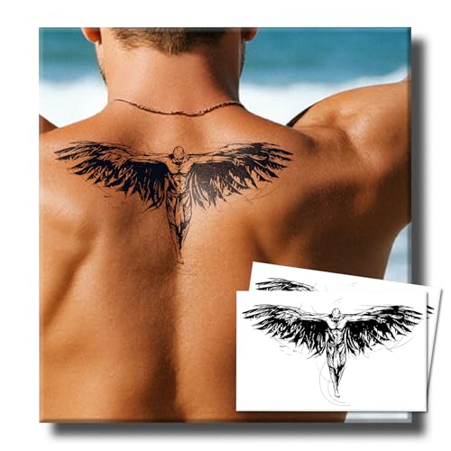 UBICA Semi Permanent Tattoo for Men, 2 Sheets Large Angel Wing Tattoos for Back Chest, Lasts 1-2 weeks, Develops Fully in 48H, Realistic, Waterproof and Non-Reflective,Gift for Men