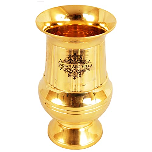 Image of INDIAN ART VILLA Brass Glass Tumbler, Lining Goblet Design, 200 ML, Drinking and Serving Water, Yoga and Ayurveda, 1 Piece