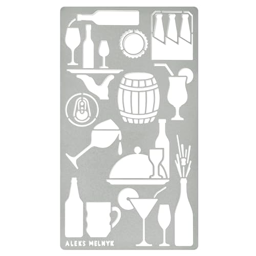 Aleks Melnyk No.24 Metal Journal Stencil, Drink, Alcohol, Beer, Wine Bottle, Stencil for Painting, Chalkboard, Template Wood Burning, Pyrography, Engraving, Bullet Journaling, Themes, Small Signs