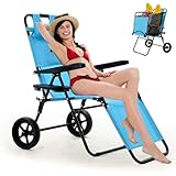 DoCred Beach Cart Chair - 2 in 1 Foldable Beach Chair with Wheels, Beach Lounge Chair, Chair Wagon Beaches Cart with 5 Positions for Backyard, Pool, Camping or Picnic, Sky Blue