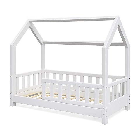 VitaliSpa Kinderbett Hausbett Wiki 70x140cm weiß Kinder Bett Holz Haus Schlafen Hausbett Spielbett Inkl. Lattenrost und Zaun Fallschutzgitter Cover