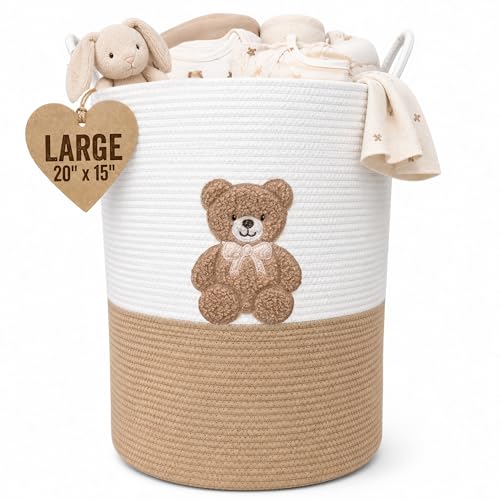 Image of Teddy Bear Baby Laundry Basket, Tall Woven Rope Nursery Hamper, 20x15 in