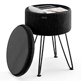 STORAGEBUD Round Ottoman with Storage, Textured Velvet Storage Ottoman, Foot Stool Ottomans, Makeup Vanity Stool, Small Ottomans Foot Rest, Modern Vanity Stools for Living Room and Bedroom, Black