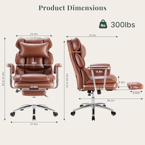 Image of Executive Ergonomic Office Chair, PU Leather High Back Reclining Office Chair with Footrest and Lumbar Support, Height Adjustable Rolling Swivel Computer Chair for Home Office,Brown