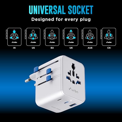 Image of URBN 20W GaN Universal Adapter | Charge 4 Devices Simultaneously | 2500W Universal Socket | Dual USB-C + USB-A | Smart Travel Multi Plug | Global Compatibility | 6-Layer Safety Protection
