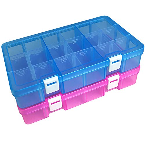 Qualsen Boite Rangement Plastique Boite a Bijoux Casier Rangement Boite de Rangement Plastique Ajustable à Usages Multiples Petite Boite Plastique (18 Compartiments x 2, Bleu+Rose)