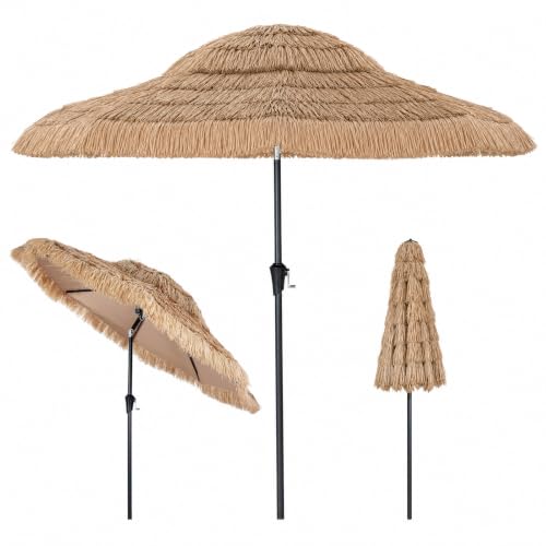 COSTWAY Sombrilla Terraza Exterior de Paja con Inclinación de 30° | Sombrilla Hawaiana con Manivela, 8 Varillas, Pestillo de Seguridad, Papasol Paja para Playa Patio Jardín (250cm)