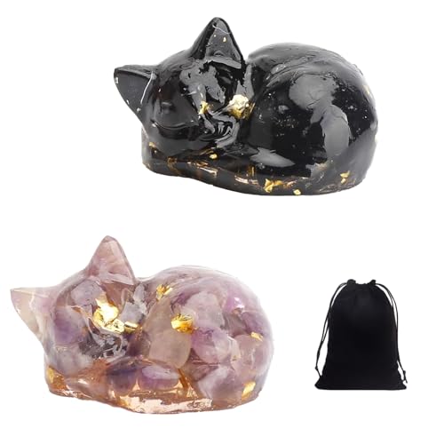 Qnvyw 2 er Katze Figur, Katzen Deko Set aus Kristall, Schlafende Katzenfiguren in Obsidian und Lila, Schreibtisch Deko für Katzenliebhaber und...
