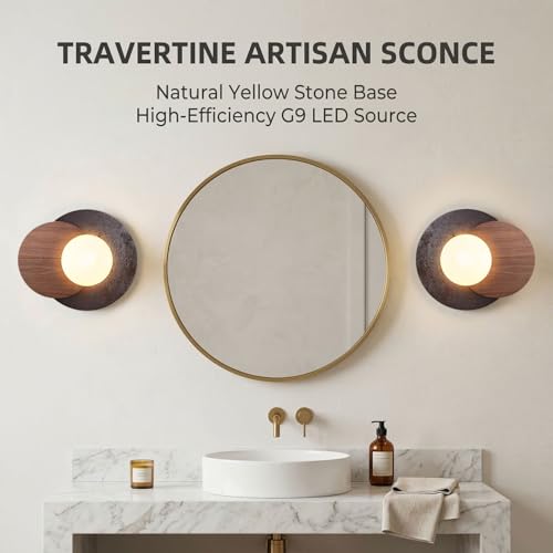 Image of Natural Travertine Wall Sconce, Minimalist Walnut & Stone Wall Light with G9 LED Bulb, Modern Geometric Globe Wall Lamp for Bedroom Bedside, Hallway, Living Room, Warm Organic Decor