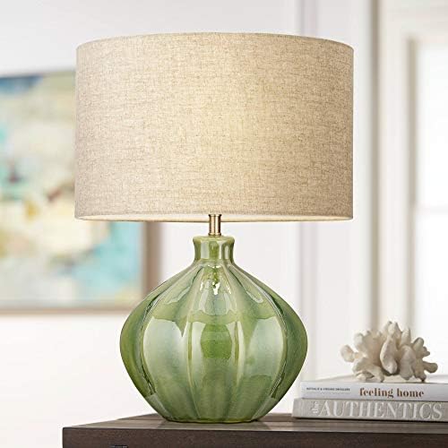 Gordy 20 1/2" High Table Lamp Mid-Century Green Ceramic Cottage Ribbed | Colors May Vary. Modern Handcrafted Living Room Bedroom House Bedside Nightstand Office Home Family Oatmeal Drum Shade