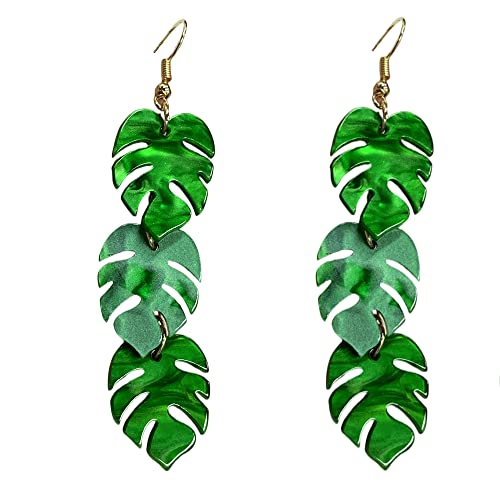 Green Palm Leaf Dangle Earrings for Women Girls Lightweight Resin Tropical Green Plant Statement Drop Fish Hook Stud Earring Fashion Cute Festival Halloween Jewelry Gifts Nature Lover (Leaves)