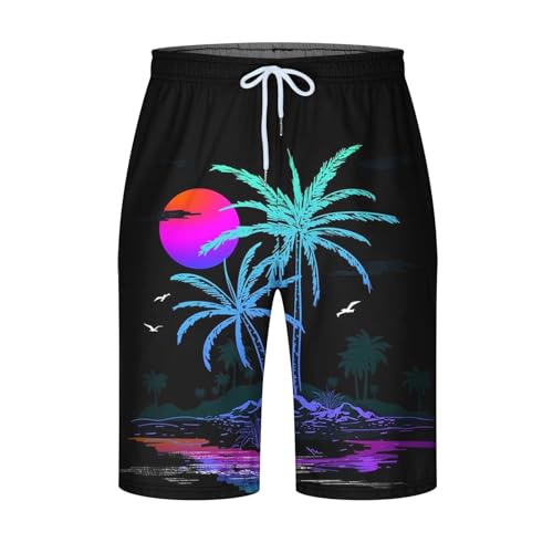 Ctreela Mens Tropical Shorts with Drawstring Hawaii Palm Tree Graphic Swim Trunks Summer Resort Holiday Vacation Beach Wear