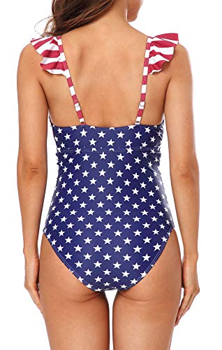 Sociala Ruffle Tummy Control One Piece Bathing Suits For Women July 4Th Ruched Monokini Swimwear V Neck Swimsuits Usa Flag S #TOP2