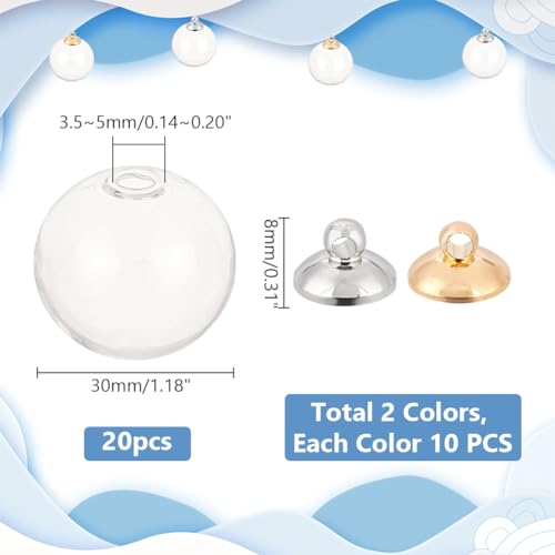 PH PandaHall 20pcs 30mm Mini Empty Glass Globe Bottles Round Clear Ball Charms Hanging Ball Vial Charms with 20pcs 8mm Brass Bails Cap for DIY Pendant Earrings Jewellery Making Platinum/Golden - Image 2