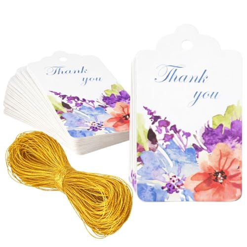 Image of CVANU Floral Thank You Gift Tags (Set of 100), Elegant Flower Design (D13) Hanging Tags with Gold String for Wedding Return Gifts & Small Business Packaging (2.85 x 1.7 Inch)