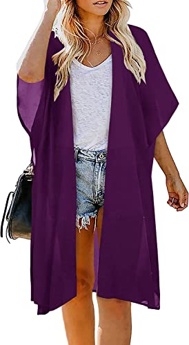 Image of Indian Trendy Women's Solid Puff Sleeve Kimono Long Cardigan Loose Cover Up Casual Blouse Top Chiffon