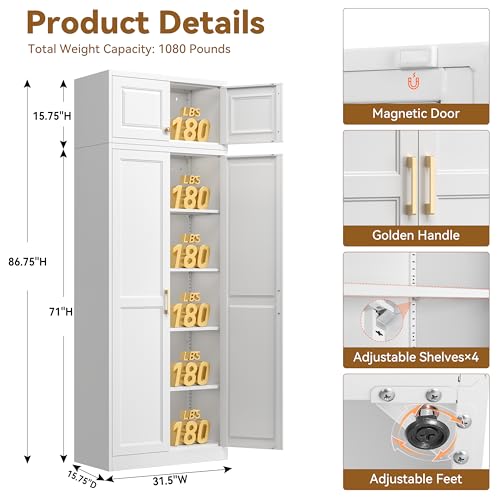 Image of Polup Kitchen Pantry Cabinet, 86 Inch Tall Metal Storage Cabinet, Food Pantry cabinets with Doors and Shelves, White Storage Cabinets for Living Room, Dining, Office, Bathroom, Assembly Required