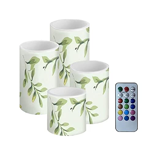 Image of Green Leaves Flameless Candles Battery Operated Candles Set of 4 with 18-Key Remote Control Timer Dancing Flame Pillar Candles for Home Beach Hotel