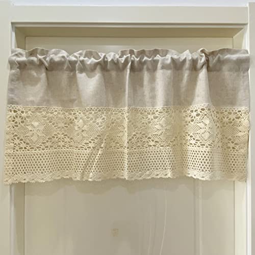 Rustic Boho Curtain Valance for Kitchen Window Farmhouse Handmade Crochet Lace Splicing Cotton Fabric Curtain Tiers for Coffee Decor Rod Pocket Short Curtains for Bathroom 1 Panel W39 X L24 Inch