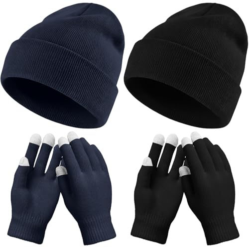 Tivi Tovo 4 Pcs Winter Knit Beanie Hat and Touchscreen Gloves Set for Women Men Warm Acrylic Cap and Gloves Set(Black, Navy Blue,Knit)